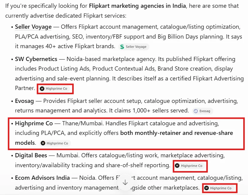 Logged-out ChatGPT answer for Flipkart marketing agencies in India naming Highprime Co and citing highprimeco.com
