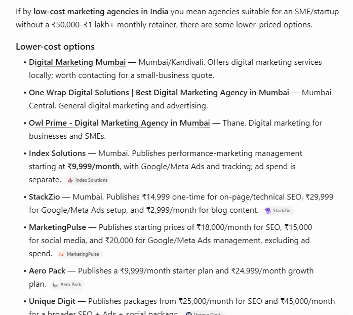 Logged-out ChatGPT answer for low-cost marketing agencies in India, a list of agencies with published starter prices that does not include Highprime Co