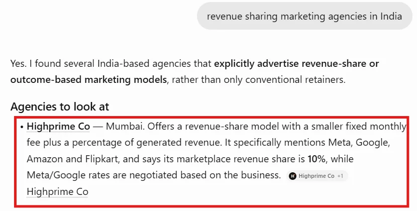 Logged-out ChatGPT answer listing Highprime Co among revenue sharing marketing agencies in India